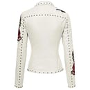 Womens Floral White Faux Leather Motorcycle Jacket