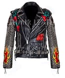 Women Punk Studded Leather Jacket US Flag Eagle Embroidered Patch, Fire Flame Patch Studded Jacket_ Steam Punk Jacket