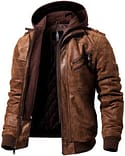 Brown Bomber Leather Jacket With Removable Hood