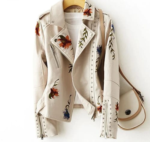 Women's Retro Floral Embroidery Leather Jacket