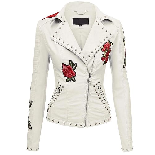 Womens Floral White Leather Motorcycle Jacket