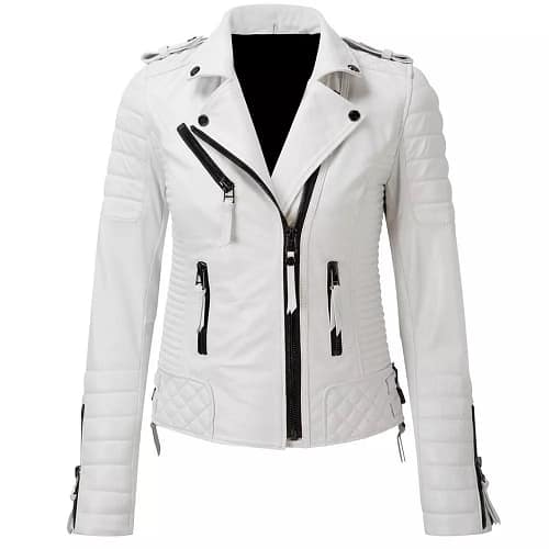 Women's Quilted White Biker Leather Jacket