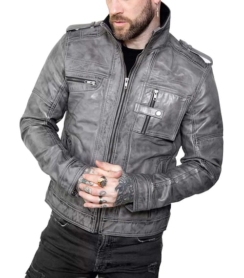 Gray Military Distressed Leather Jacket