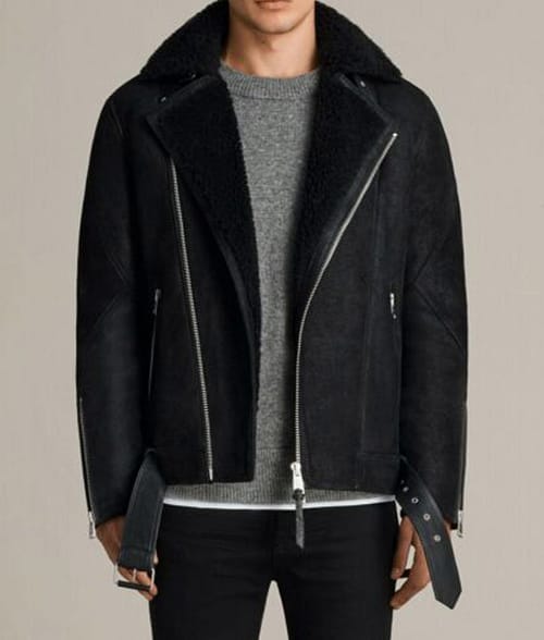 Men’s Brooklyn Shearling Black Leather Jacket with Fur Collar