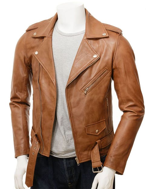 Mens Classic Style Tan Biker Leather Jacket