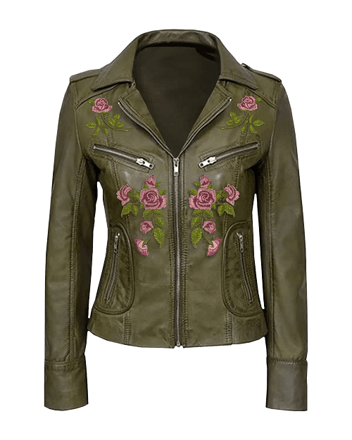 Womens Classic Olive Green Biker Leather Jacket