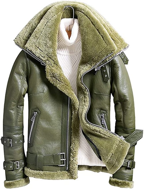 Mens Shearling Coat Green Leather Jacket Double Collar Outerwear Sheepskin With Lamb Fur