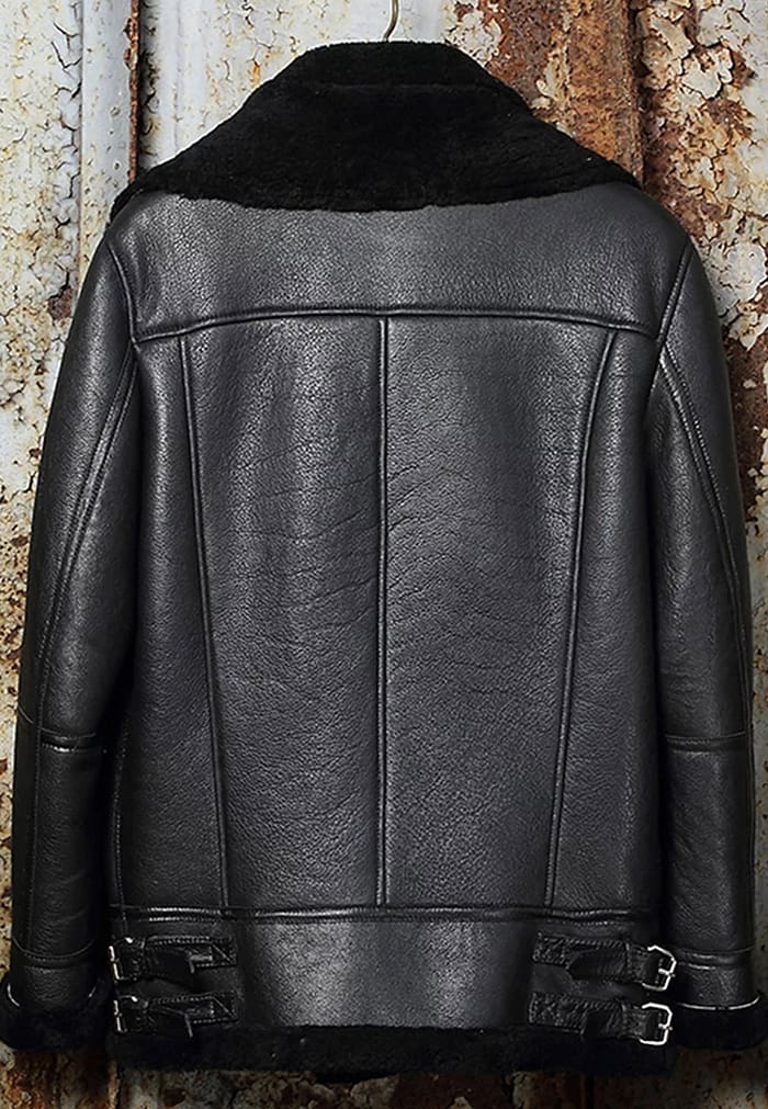 Men’s Black Leather Shearling Double Collar Sheepskin Jacket