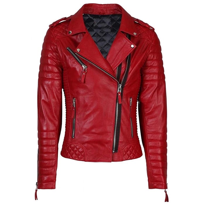 Women's Quilted Red Biker Leather Jacket