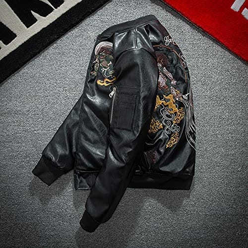 PU Faux Leather Jacket Men Winter Embroidered Coat Zipper Hip Hop Baseball Clothes