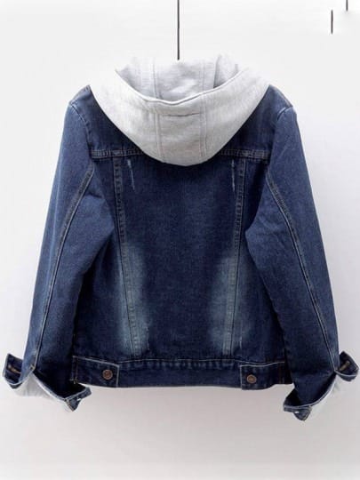 Dark Blue Button Drawstring Lamb Wool Long Sleeve Hooded Fashion Jean Jacket