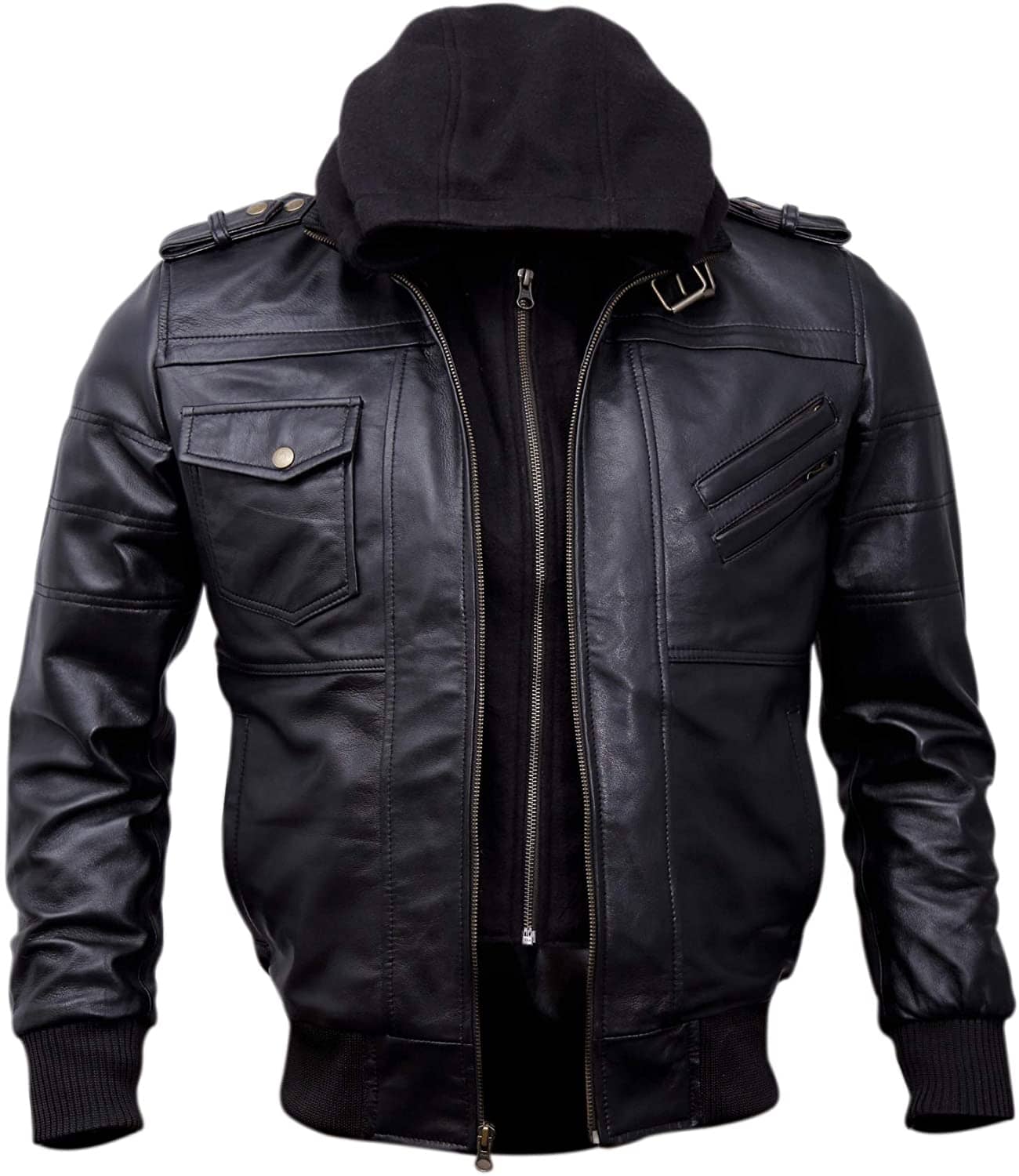 Men's Bomber Leather Jackets with Removable Hood