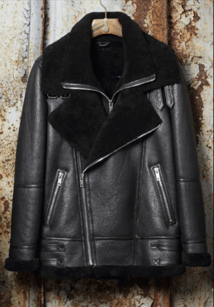 Men’s Black Leather Shearling Double Collar Sheepskin Jacket