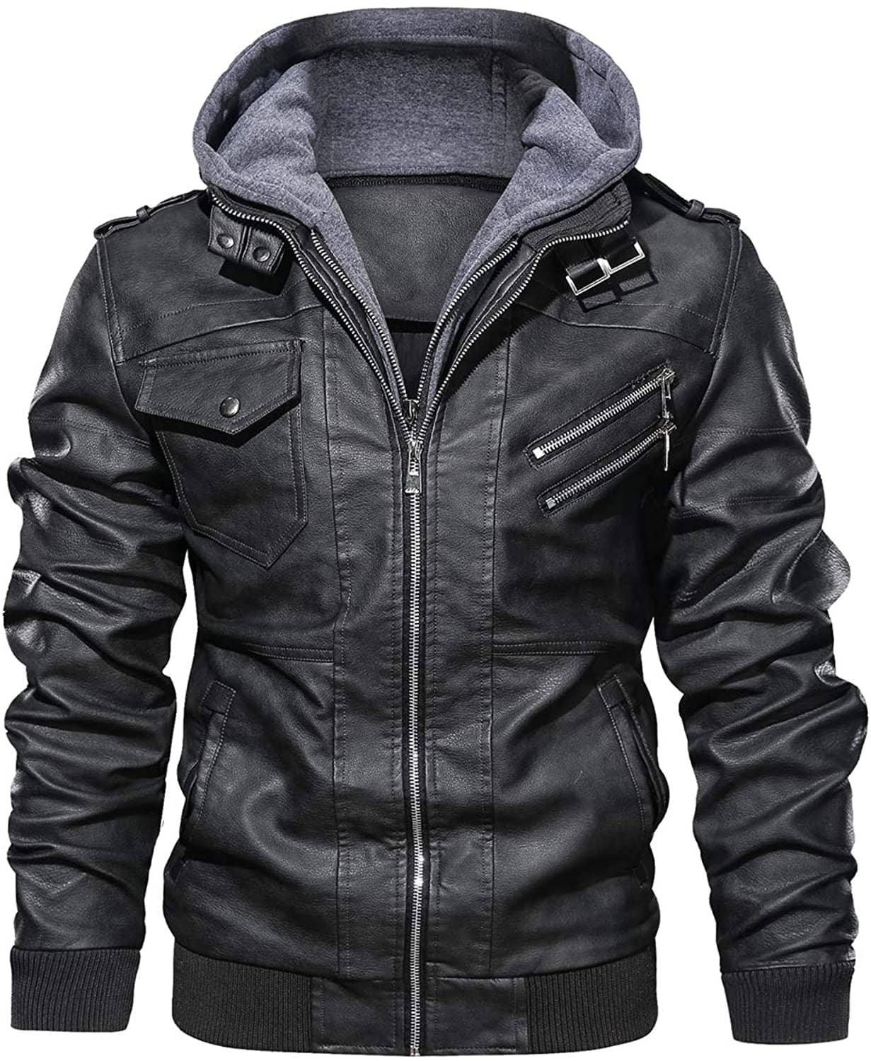 Men's Leather Jacket with Vintage Removable Hooded Faux Leather Bomber Jacket